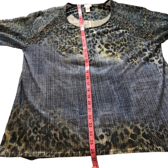 Chico’s Albany Crochet Studded Blue with Green Brown Cheetah Tunic. Size L. EUC - Picture 10 of 11